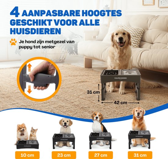 Vulpes Goods Pets - Futter- und Trinknapf Hund mit Ständer - Slow Feeder - Anti Spill and Chew - 4 Höhen - Schwarz