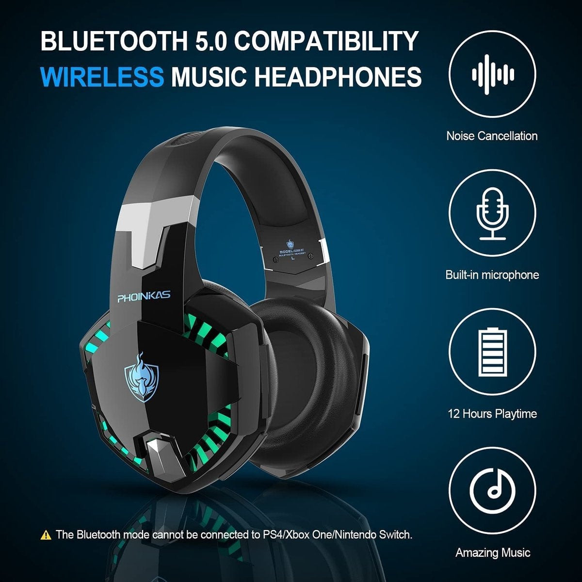 PHOINIKAS G2000 BT Bluetooth Laptop Gaming Headset mit Mikrofon Over-Ear Kopfhörer -Schwarz