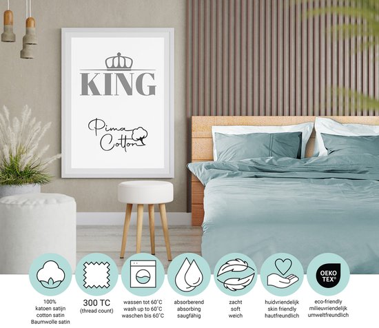 PHLOX Bettbezug King - 100% Baumwollsatin (300 TC) - Double 200x200/220 cm + 2 Kopfkissenbezüge - Weich & Hautfreundlich - Jade