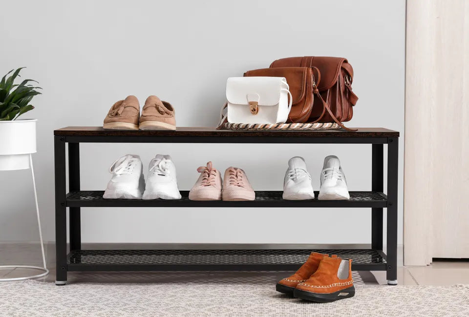 Home & Comfort Schuhregal und Bank 100x30x45 cm - Skandinavisches Design - Holz & Schwarzes Metall