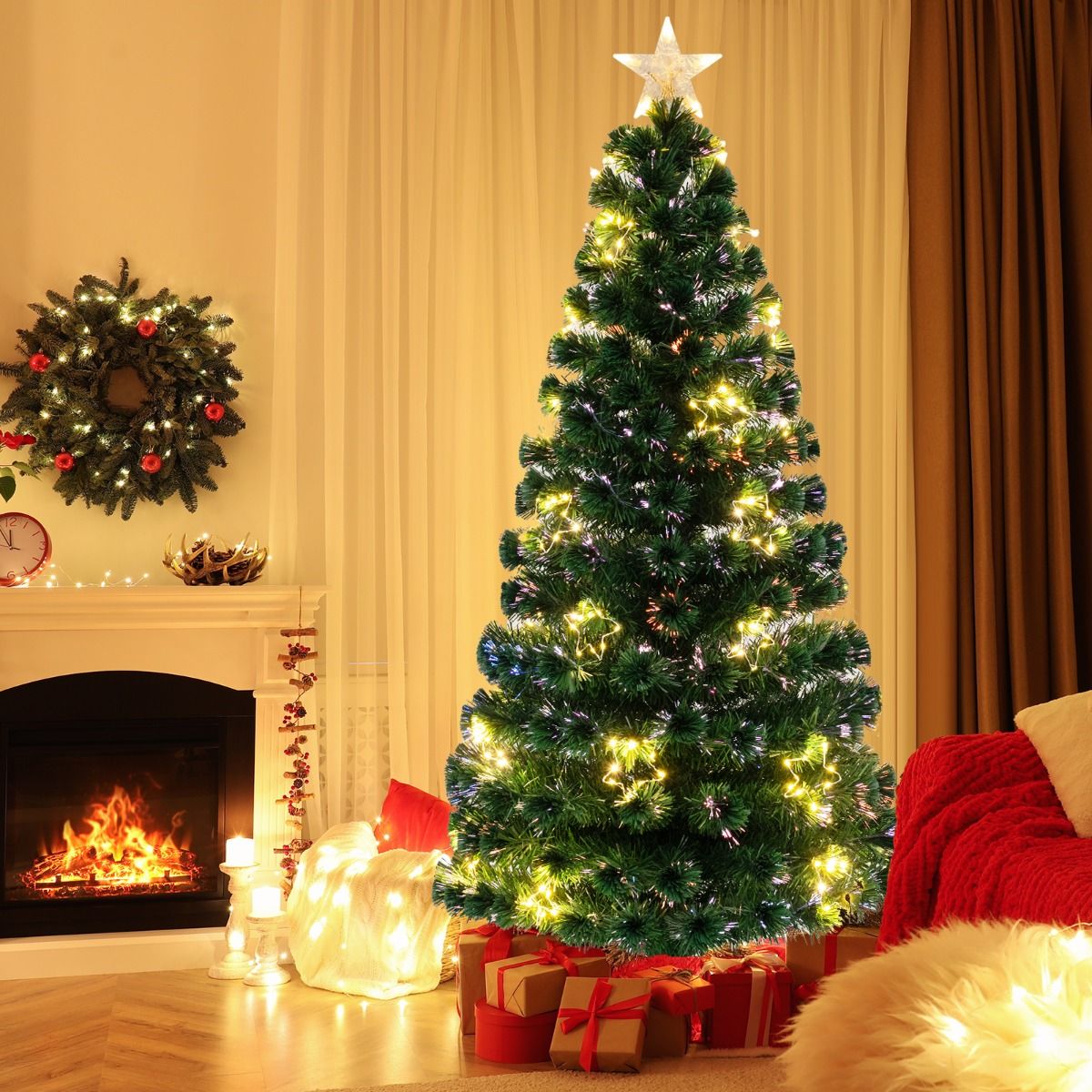 Coast Künstlicher Weihnachtsbaum 180 cm Grün - Beleuchtung aus Fiberglas - 36 warmweiße Lichter - Top Star - Metallständer