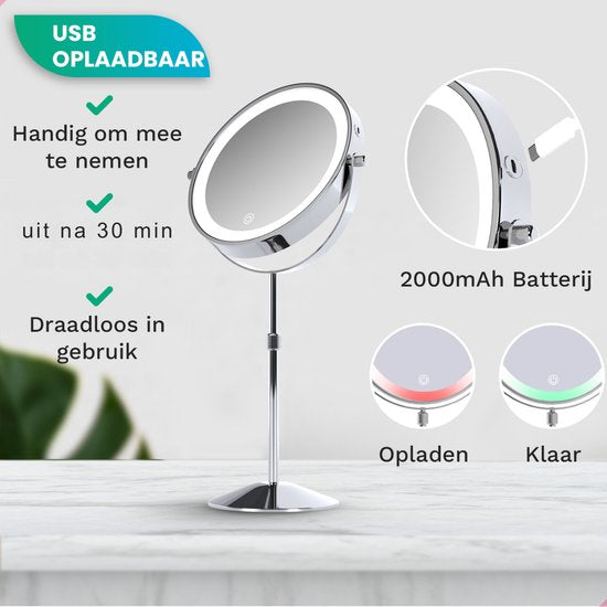Mirlux Luxus-Make-up-Spiegel mit LED-Licht - 10-fache Vergrößerung - Verstellbar & wiederaufladbar - 3 Lichtstufen - Chrom - Make-up-Spiegel - Spiegel mit LED-Licht