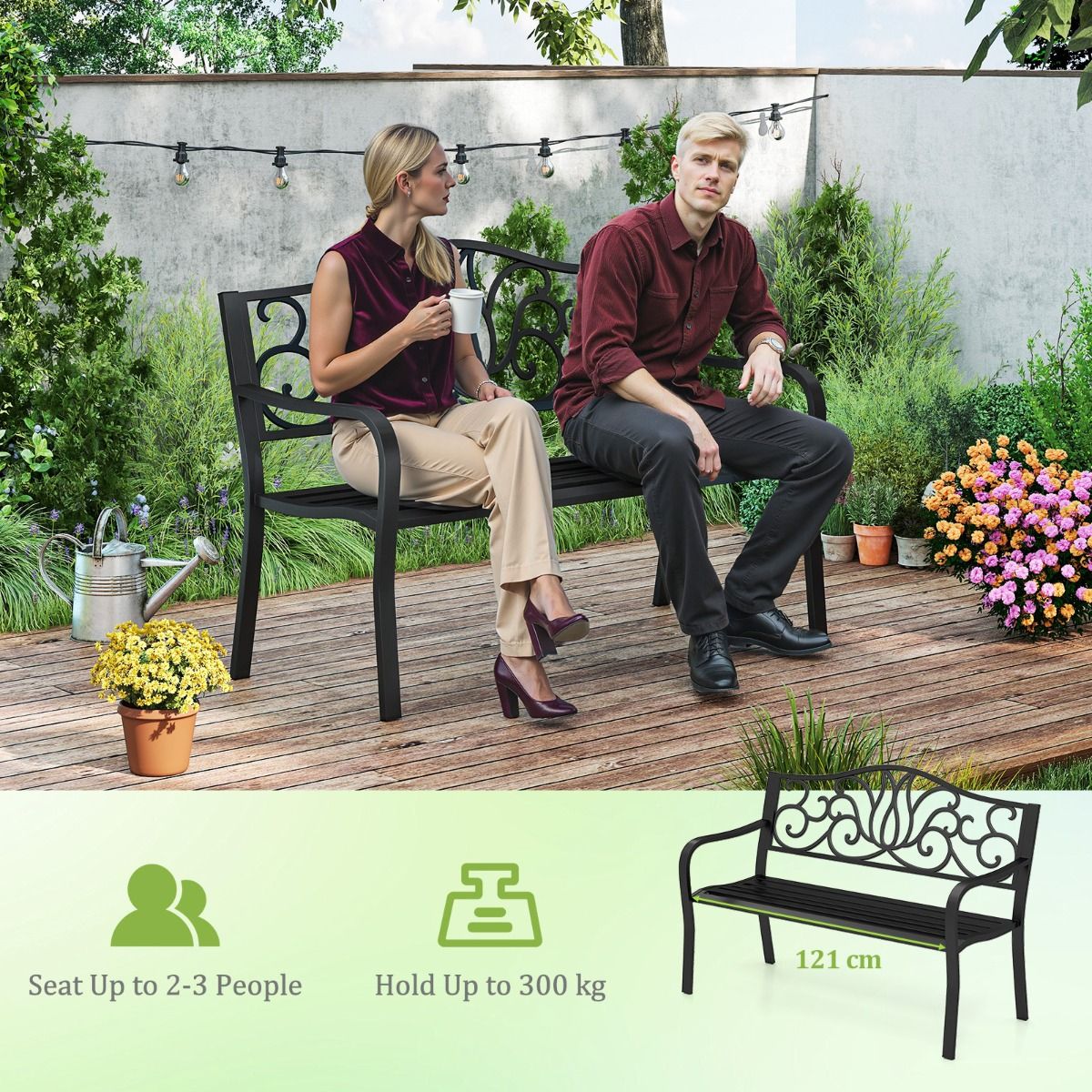 coast Gartenbank Schwarz - Gusseisenrücken mit Blumenmuster - 127 x 61 x 89 cm - 2-3 Personen Terrassenbank mit Armlehnen