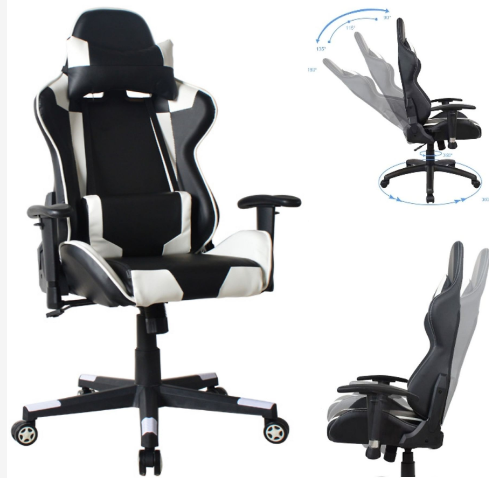 VDD HUKY1010_WITZWART Gaming-Stuhl – Verstellbare Rückenlehne 180° – 360° drehbar – 120–130 cm – Schwarz/Weiß