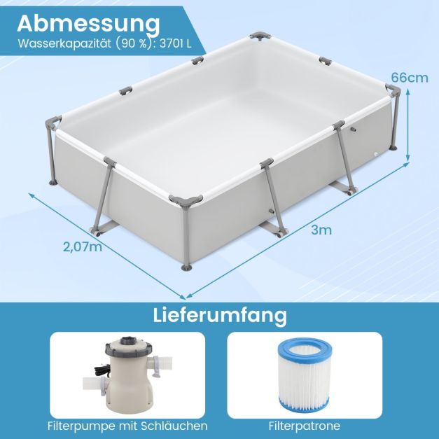 Coast Aufstellpool mit Filterpumpe – Rechteckiger Pool 300 x 207 x 66 cm – Grau