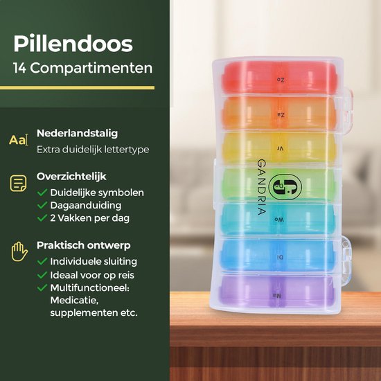 Gandria Pillenbox 7 Tage - Herausnehmbare Pillenbox - Medizinbox mit 14 Fächern - Medizinbox mit stabilem Verschluss - 2 Fächer pro Tag - 7 Farben