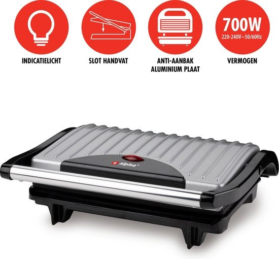 alpina Kontaktgrill - Toastgerät - Antihaftbeschichtung - 700W - Edelstahl/Schwarz