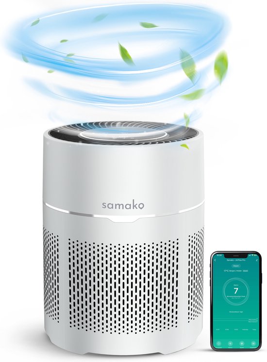 Samako Airflow Luftreiniger - Hepa 13 pro Filter - Heuschnupfen, Haustierallergien, Hausstaubmilben - Luftqualitätsanzeige - Niederländische App - Schlafmodus - Weiß
