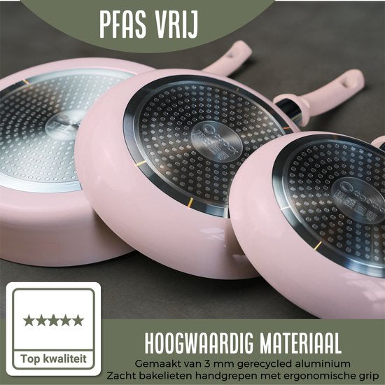 COOCK 19-teiliges Pfannenset - Spezielle Antihaftbeschichtung - Ergonomische Griffe - Recyceltes Aluminium - Bratpfannenset - Kochtopfset - Hellrosa - Inklusive Untersetzer und E-Book