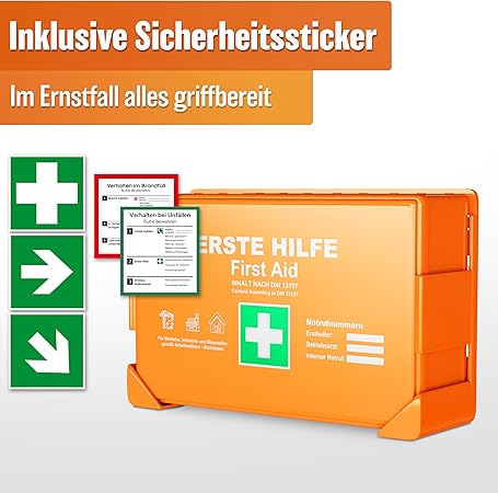 HELDENWERK Erste-Hilfe-Kasten Version 2026 [DIN 13157:2021] inkl. Wandhalter & 5 x Aufkleber | Verbandskasten für Büro, Haushalt und Gastronomie - Betriebsverbandskasten gefüllt, Sanitätsschrank
