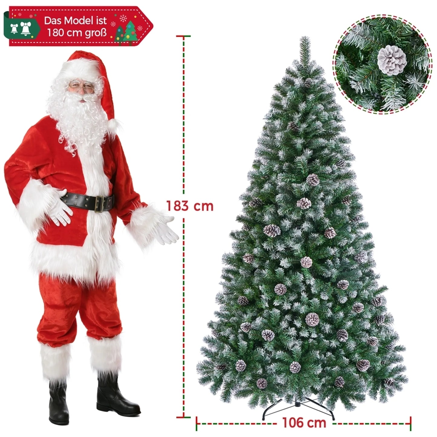 Yaheetech Künstlicher Weihnachtsbaum verschneit - 183 cm - mit 920 Zweigen und natürlichen Tannenzapfen und klappbarem Metallständer - für drinnen und draußen - grünes PVC und Metall - 106 x 106 x 183 cm