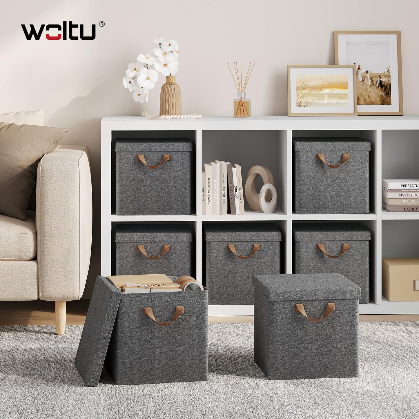 WOLTU Aufbewahrungsbox – zusammenklappbar – mit Deckel – 5 Stück – 30 x 30 x 29 cm – grau