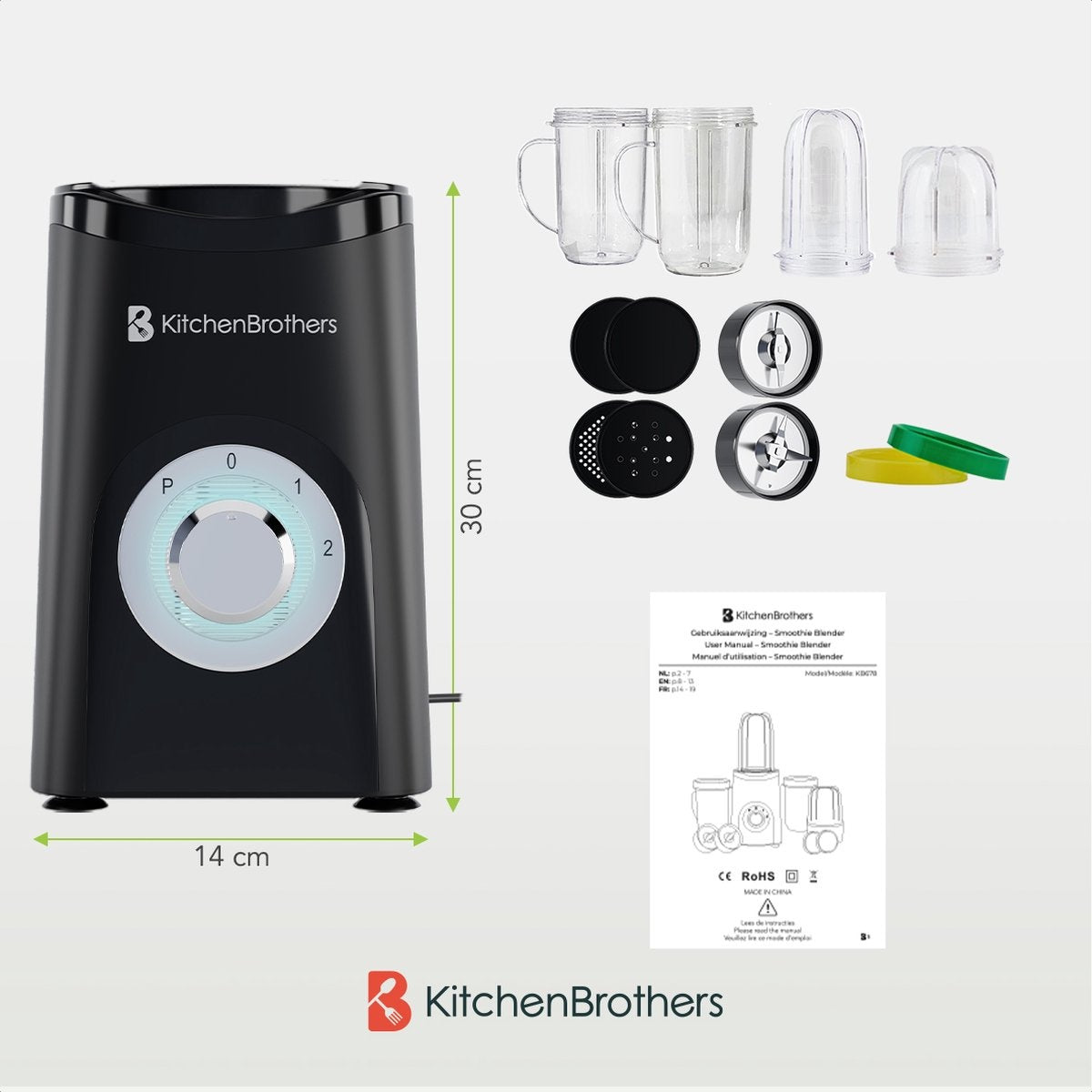 KitchenBrothers Smoothie Mixer - 2-in-1 - 4 Tassen - Smoothie Maker To Go - Mini Mixer - Schwarz