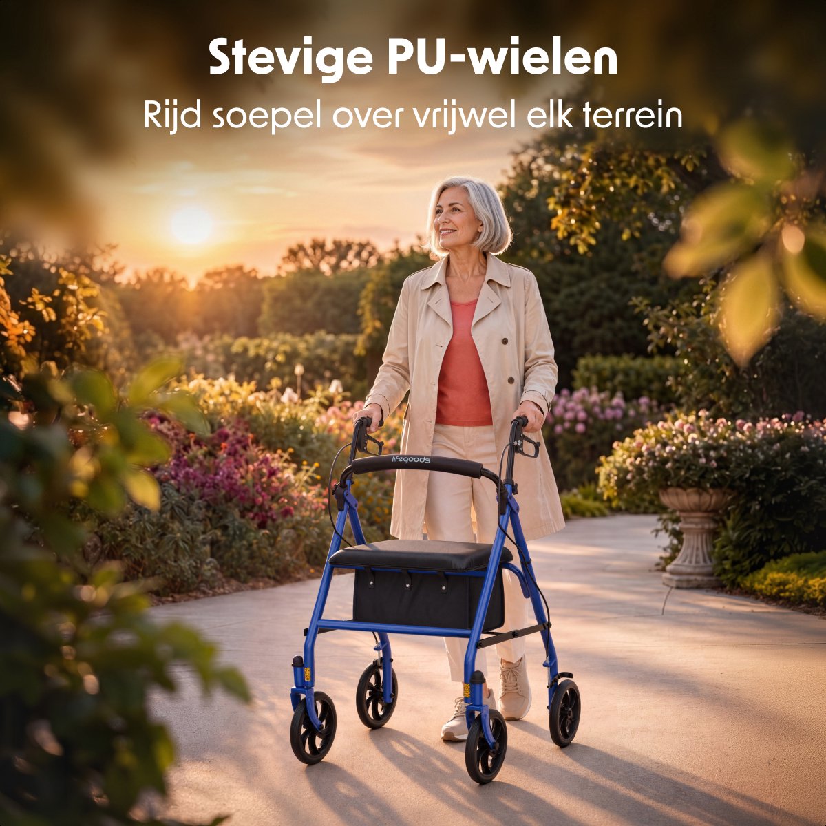 LifeGoods Basic Rollator – leicht und zusammenklappbar – mit Sitz und Rückenlehne – höhenverstellbar von 79 bis 89 cm – Tragkraft 136 kg – 66 x 59 x 79–89 cm – dunkelblau
