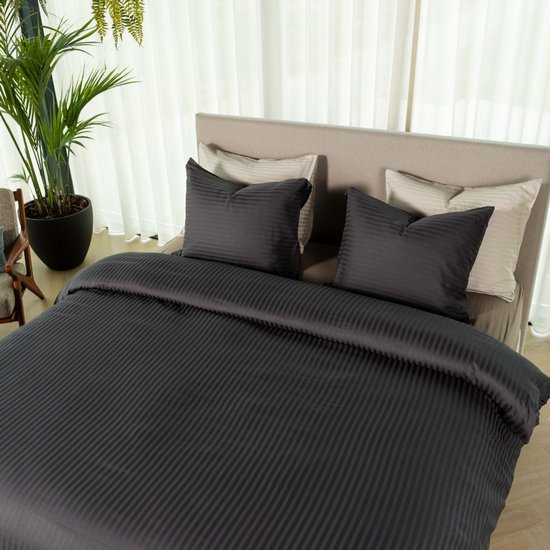 Kayori Elin Bettbezug aus Baumwollsatin – 260 x 200–220 cm + 2 Kissenbezüge – Einzelbetten – Anthrazit