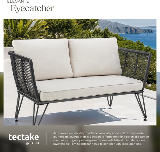 tectake® Wicker Lounge Bank - Kompakte Gartenbank mit dicken Polstern - Ideal für Balkon, Garten oder Terrasse - Stilvolle und bequeme Outdoor-Lounge-Bank - Seil-Design