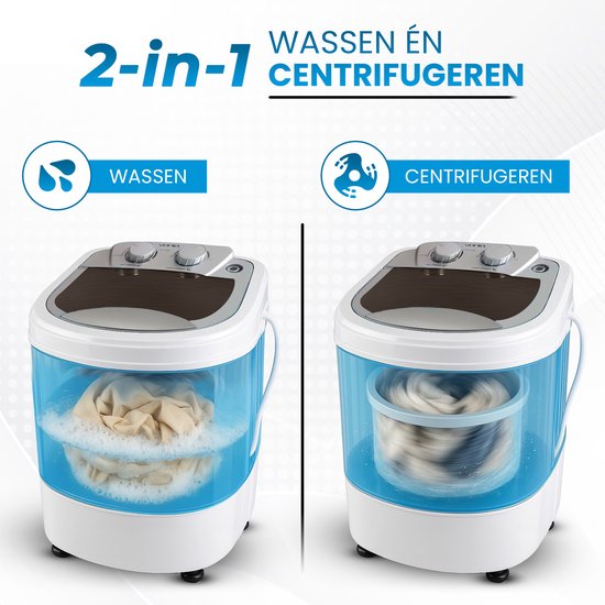 Vonia Mini Washer - Kleine Waschmaschine - Mit Wäscheschleuder und Top-Loading - Waschkapazität 2,6 kg - Energieeffizient - Weiß/Blau