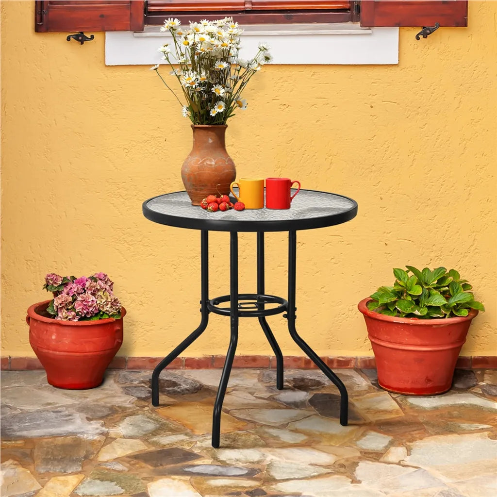 Yaheetech Bistro-Gartentisch Ø 70 cm – Schwarz – Runder Tisch mit Hartglasplatte und Sonnenschirmloch