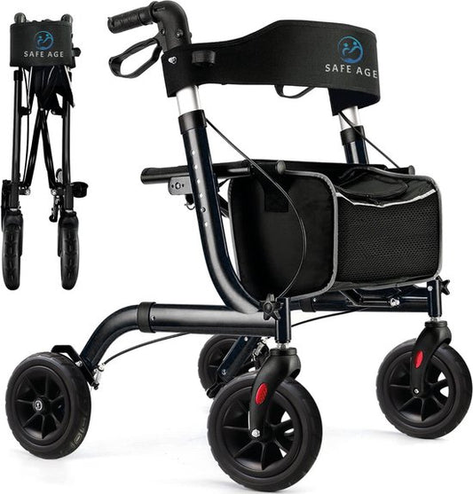 Safe Life Rollator – Zusammenklappbar – Leicht – Sitzfunktion – 61 x 70 x 85–99 cm – Gummiräder – Schwarz