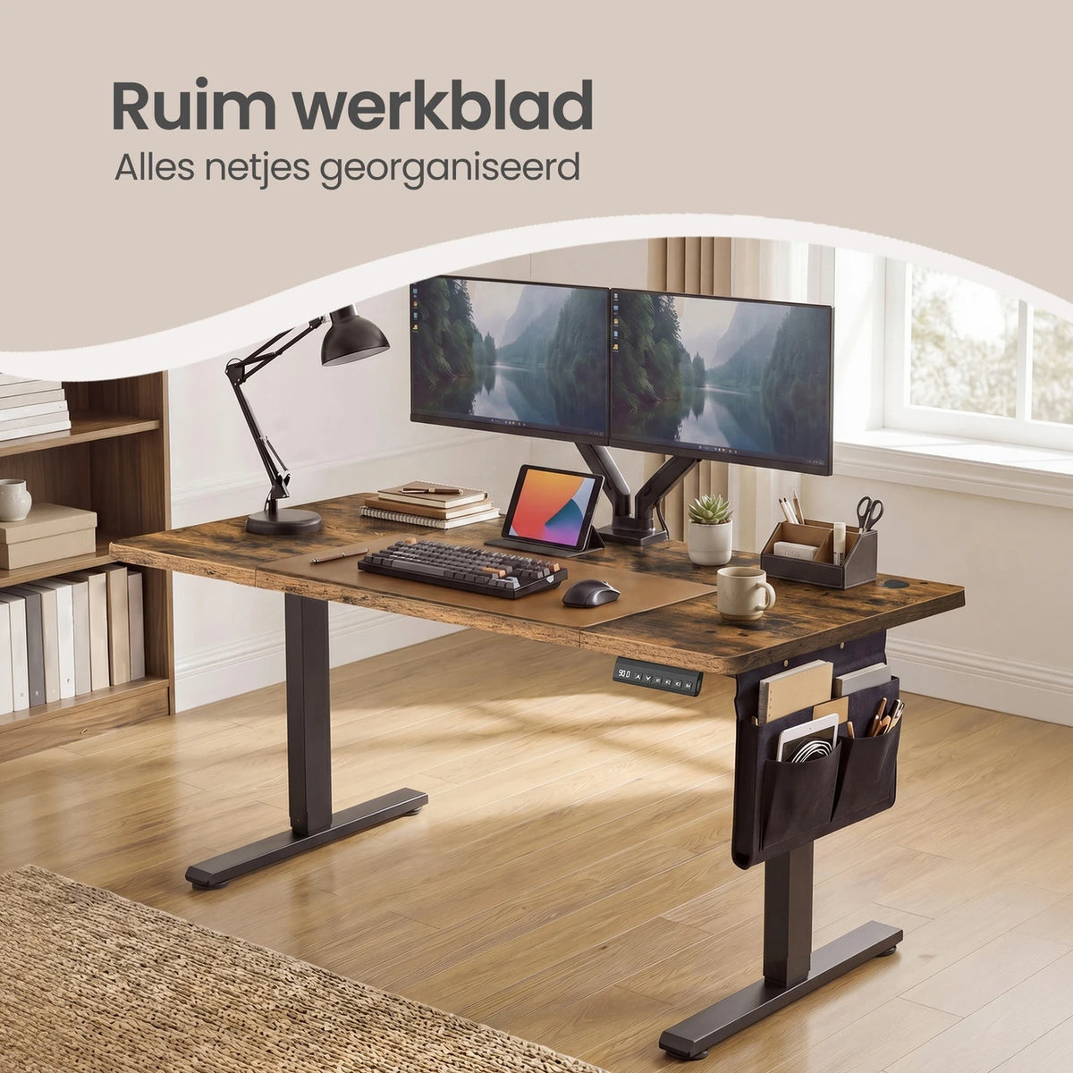 Joyfurnos Elektrischer Steh-Sitz-Schreibtisch 140 x 60 cm – Höhenverstellbar mit Speicherfunktion – USB-C – Braun