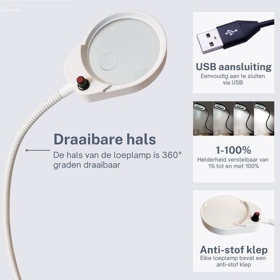 Lupe - Lupe mit LED-Licht - Für Kinder/Erwachsene/Senioren/Lesen/Zeichnen/Hobby mit Tischklemme - Lupe mit Beleuchtung Earkings White