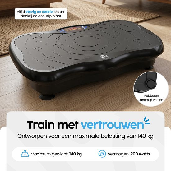 Infinity Goods Vibrationsplatte Premium – Fitness-Vibrationsplatte – inklusive Widerstandsbänder und Griffe – Powerplate – 5 Trainingsprogramme – 99 Geschwindigkeitsstufen – Bluetooth-Musik – Schwarz