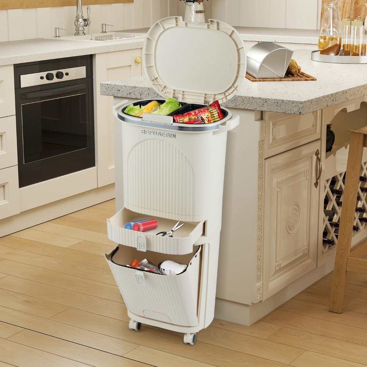 Coast Mülltrennbehälter – 3 Fächer – ausziehbare Schublade – Fußpedal – beige – 42 Liter
