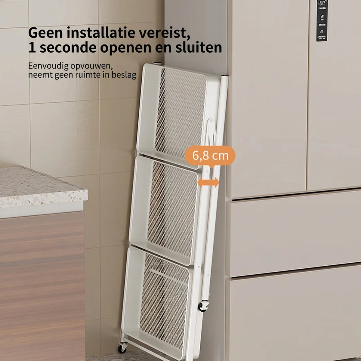 J.ZAO Zusammenklappbarer Küchenwagen – 30 × 45 × 77 cm – Weiß – 3 Ebenen – Rollbar und montagefrei