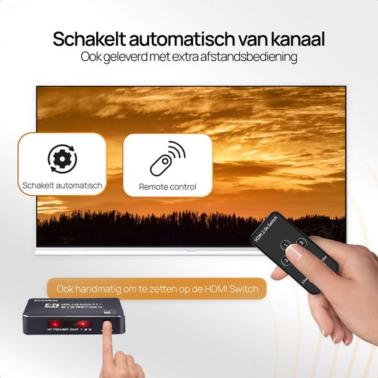 Drivv. HDMI Umschalter 4K 60Hz - 3 Eingänge 1 Ausgang - Inklusive Fernbedienung - Automatische Umschaltung - 780/1080p/4K - Schwarz