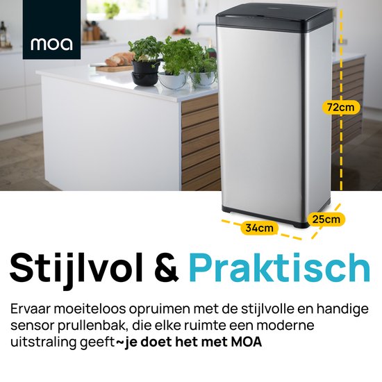 MOA Sensor Mülleimer 50 Liter - geräuschloser Deckel - verzögerte Schließung - Edelstahl & robustes ABS - Abfalleimer - Mülleimer - Silber