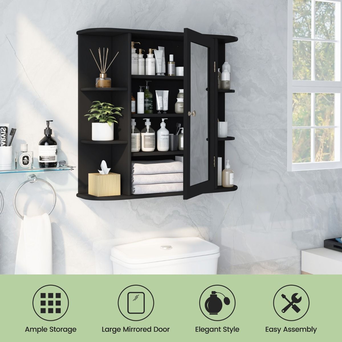 coast Spiegelschrank Bad - 66×17×62 cm - Schwarz - Wandschrank mit Spiegeltür & offenen Regalen