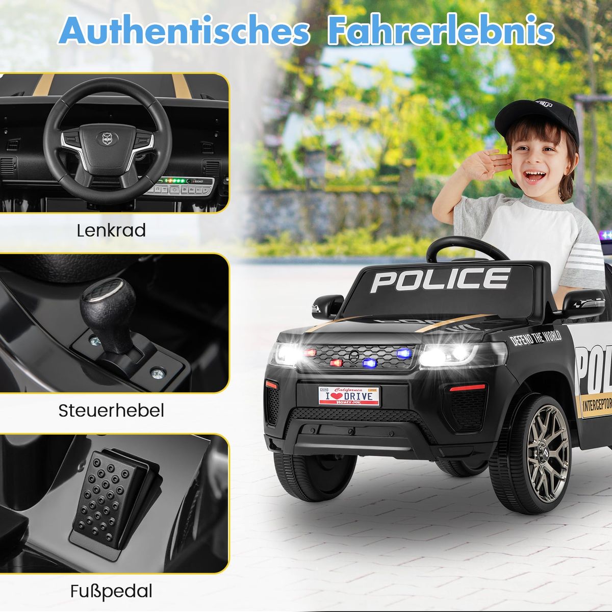 Coast Elektrisches Kinderpolizeiauto – mit Fernbedienung – Sirene und LED-Beleuchtung – schwarz