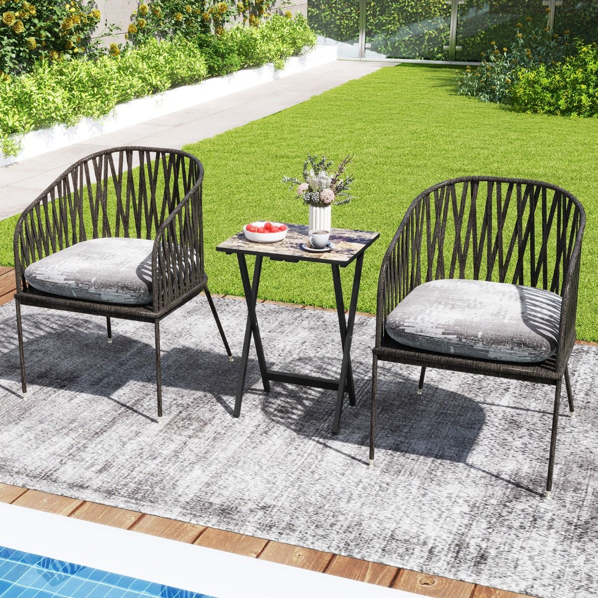 Coast 4-teiliges Klapptisch-Set - Klappbar - Mit Ständer - Marmoroptik - 48 x 40 x 67 cm - MDF/Kautschukholz - Schwarz