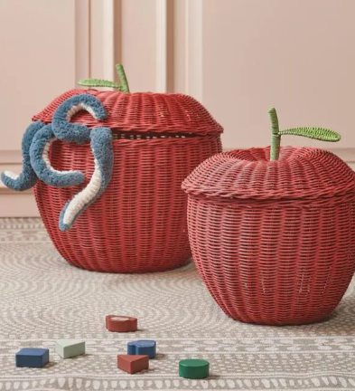 Mica Decorations Aufbewahrungskörbe in Apfelform, 2er-Set – Rot/Grün – Ø 30 x H 48 cm und Ø 15 x H 25 cm – Rattan