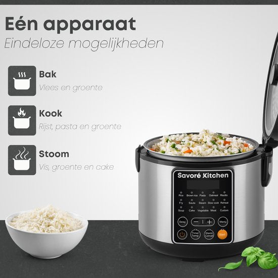 Savoré Kitchen Reiskocher mit Dampfgarer - 3L - 14 Programme - PFAS frei - Schwarzer Edelstahl