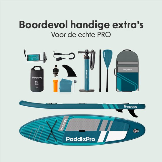 LifeGoods PaddlePro SUP Board Pro - Pro Set - Aufblasbares Paddle Board - Max. 150KG - 320x81cm - Tiefes Aqua