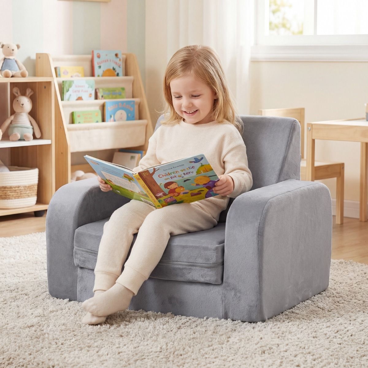 Coast Klappbare Kinderbank – 3-in-1-Kinderbank, Loungesessel und Kinderbett – Ultraweiches Kristallvelours – Grau