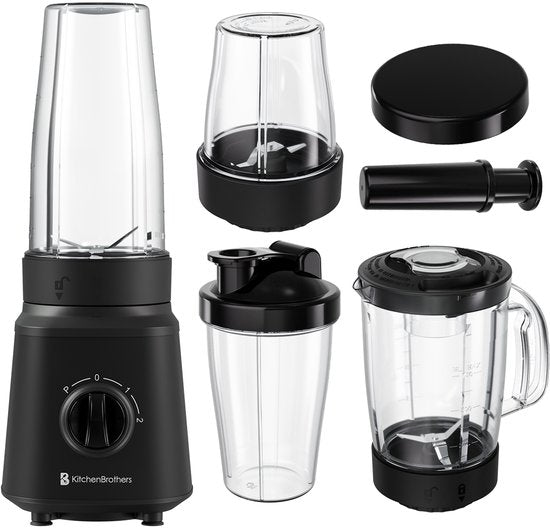 KitchenBrothers Blender - Komplettset - 2x 750ml Krug - Mahlwerk - Sieb - To-Go Becher - Schwarz
