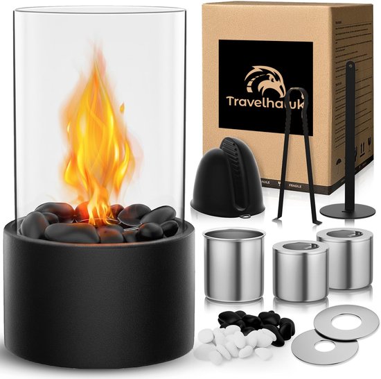 Travelhawk Luxus-Tischkamin – Dekokamin – 480 ml – inkl. Zubehörset – Außenkamin – für drinnen und draußen – Bioethanol-Kamine – Schwarz