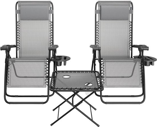 LifeGoods Liegestühle - klappbar - Komplettset - mit Beistelltisch - 30°-90° verstellbar - Gartenstühle - Metall - Grau