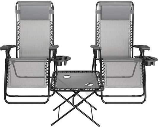 LifeGoods Liegestühle - klappbar - Komplettset - mit Beistelltisch - 30°-90° verstellbar - Gartenstühle - Metall - Grau