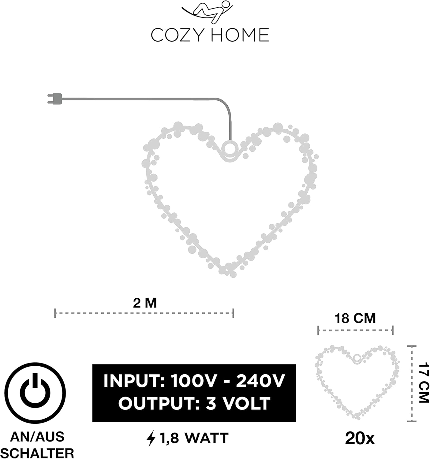 CozyHome LED-Lichterkranz in Herzform - 100 V - 240 V - Warmweiß - Silber - 17 x 18 x 4,5 cm