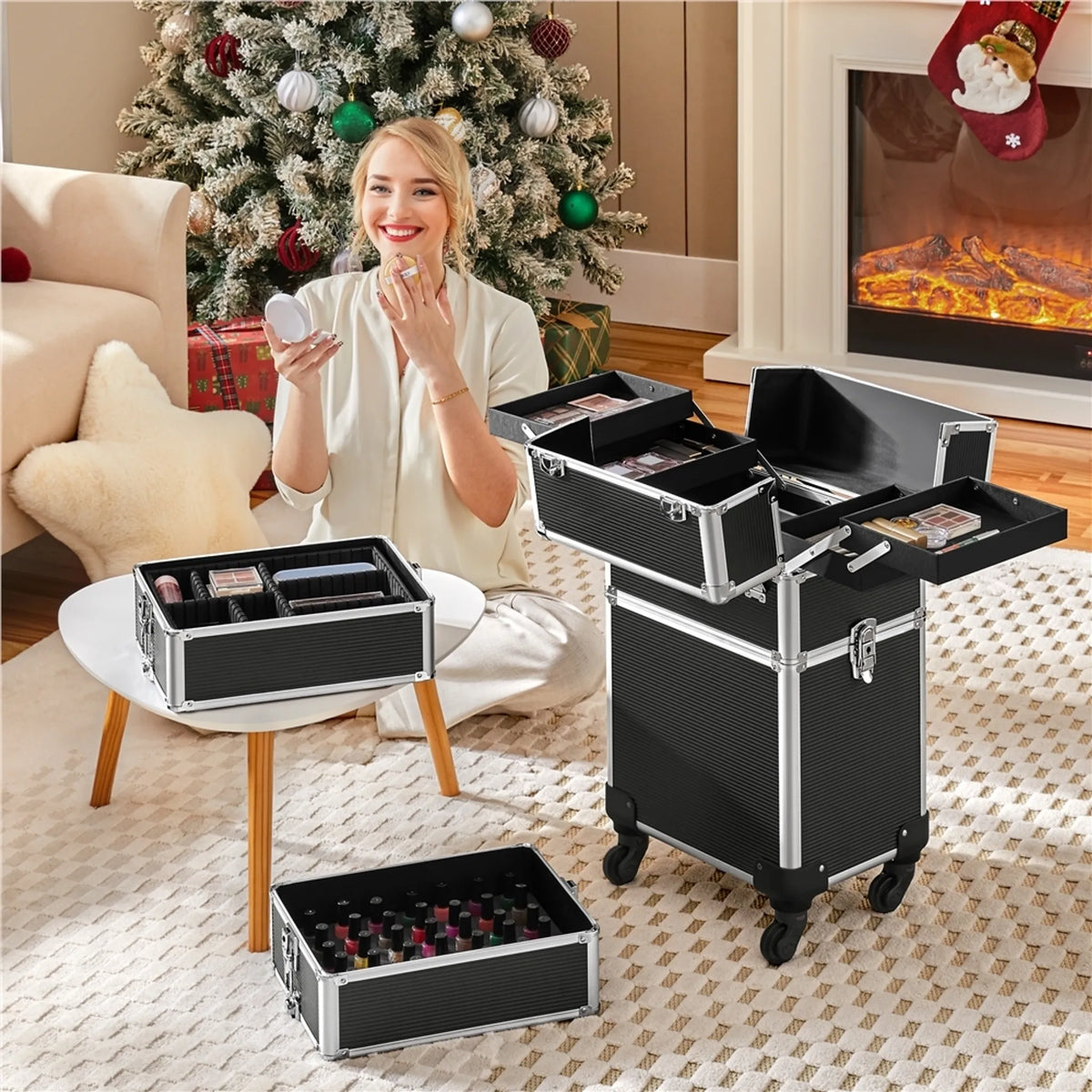 Yaheetech 5-in-1-Make-up-Koffer auf Rollen – abschließbar – 34 x 25,5 x 80,5 cm – Schwarz