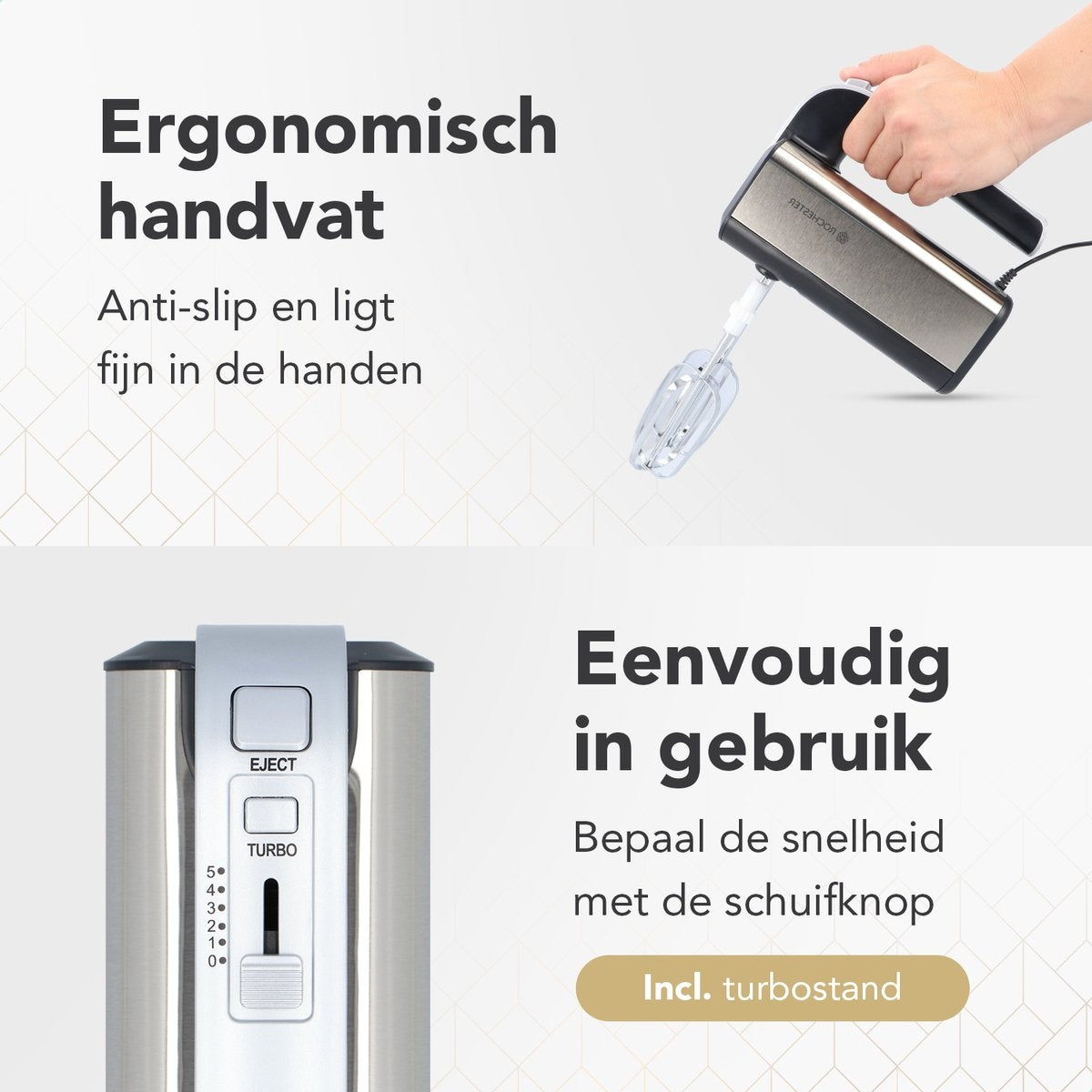 Rochester Handmixer mit Rührschüssel - Küchenmaschine - 5 Geschwindigkeitsstufen - Edelstahl