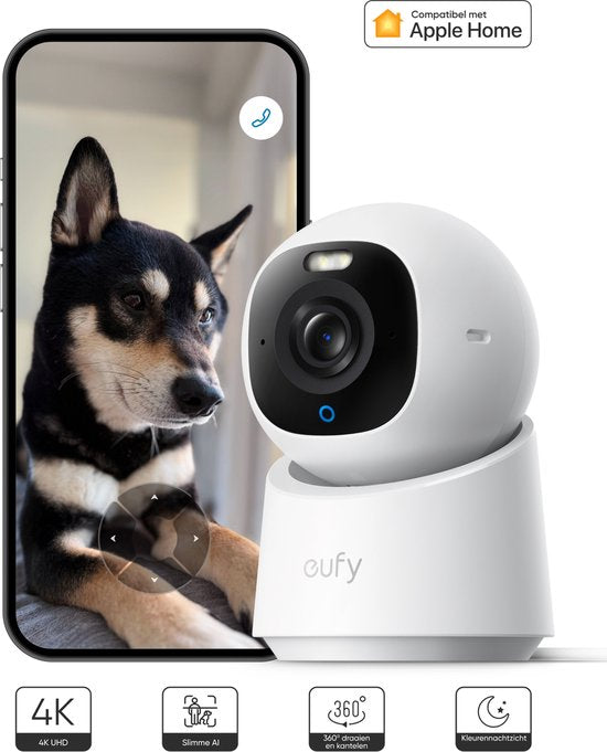 eufy Security Indoor-Kamera E30 – Indoor Cam – Haustierkamera mit App – Petcam – 4K UHD – Schwenken und Neigen – KI-Erkennung von Menschen und Haustieren – Farb-Nachtsicht – Kompatibel mit Apple HomeKit – Zwei-Wege-Kommunikation – Lokale Speicherung – Kei