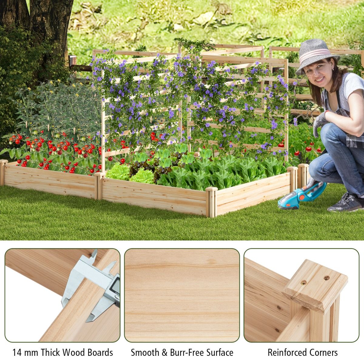 Coast Pflanzkasten aus Holz mit 3 Klettergittern – Hochbeet – Offener Boden – Naturbelassenes Kiefernholz – 222 x 114 x 110 cm