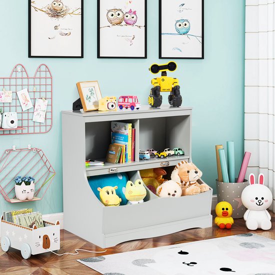 COSTWAY Kinderregal, Spielzeugregal mit 4 Fächern, Kinderbuchregal, Aufbewahrungsregal, Spielzeugorganisator für Kinderzimmer und Spielzimmer, 67 x 40 x 62 cm, grau