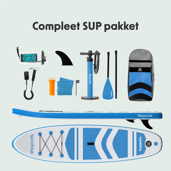 LifeGoods PaddlePro SUP-Board 320 x 81 x 15 cm – Aufblasbar – Komplettset – 150 kg – Weiß/Himmelblau