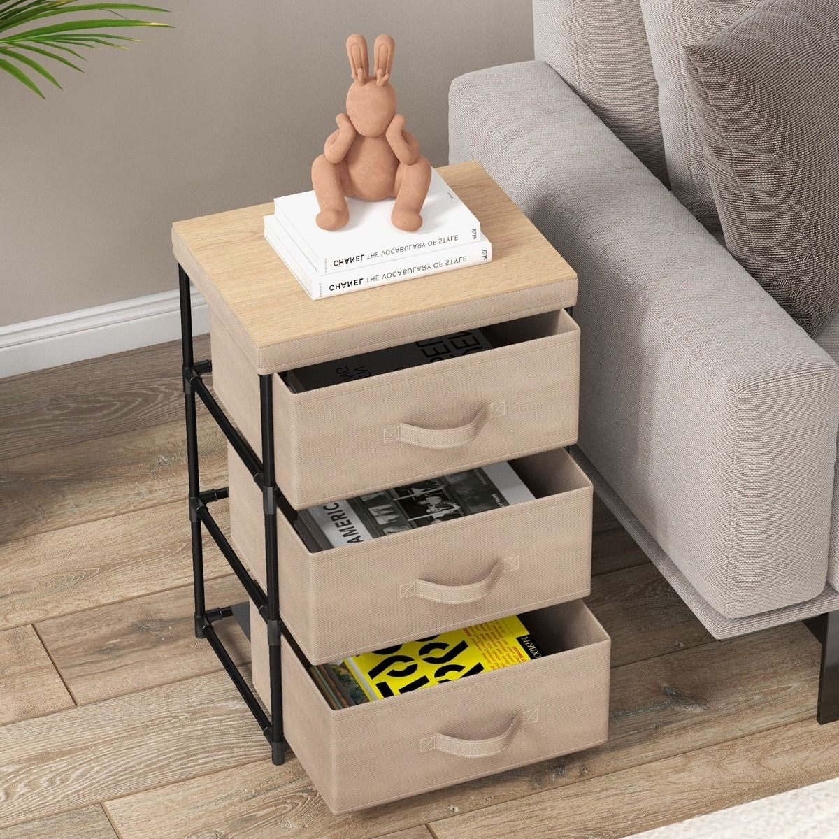 Coast Nachttisch - Mit 3 klappbaren Stoffschubladen - 40 x 30 x 62 cm - Kaffeebraun