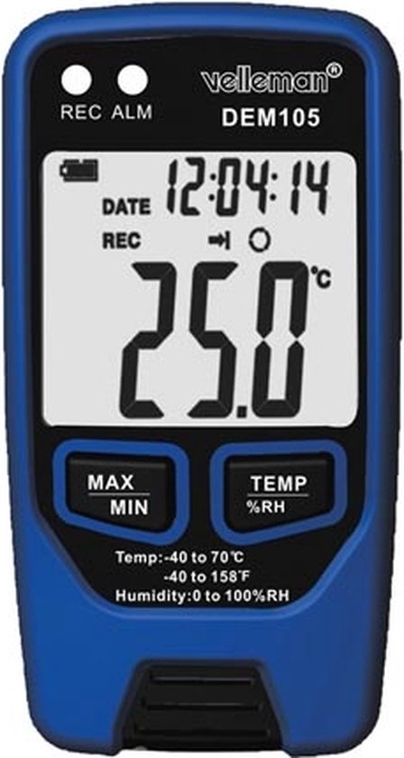 Velleman Datenlogger - Temperatur und Luftfeuchtigkeit - USB - LCD-Display - Lange Batterielebensdauer - 96 x 50 x 30 mm -  Schwarz/Blau